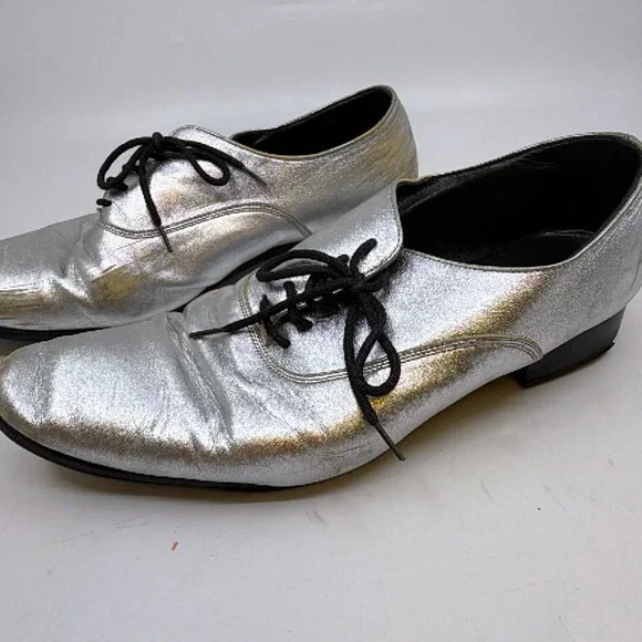 Saint Laurent Oxford Lace-Up Silver Metallic Leather 37.5 Sh - Picture 4 of 8